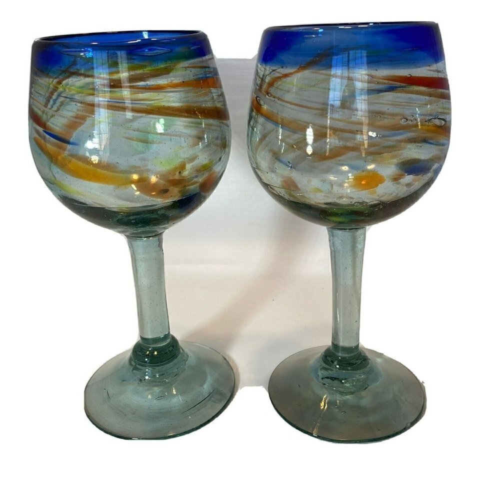 Artisan Hand Blown Recycled‎ Confetti Blue Rim Wine Glasses Set of 2